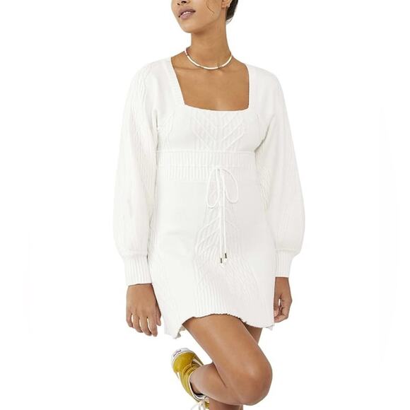 Free People Dresses & Skirts - Free People Ruffled Cut Out Drawstring Waist Cable Knit Pouf Sleeve dress - G30